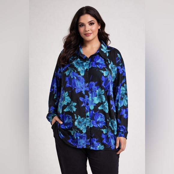 Tradition Tops - Black Floral Button-Up Blouse in Blue Teal. Semi sheer. Flowy. PTP 26